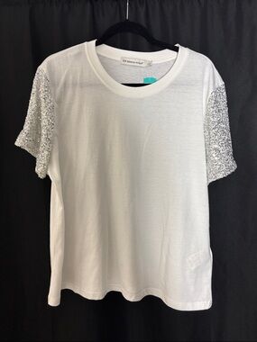 Rebecca Minkoff White Tee with Silver Sequin Short Sleeves